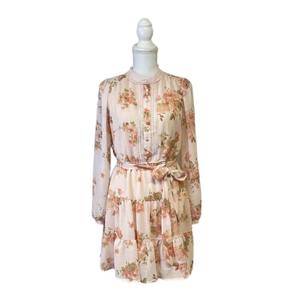Magnolias Boutique Long-sleeved Belted High-neck Blush With Floral Dress…